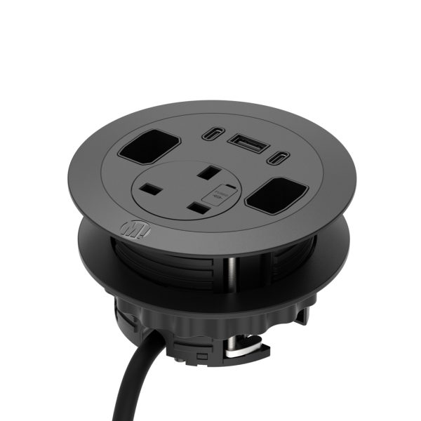 Solo Plus In-Surface Power + Charge, 1 x Power Socket, 1 x USB-A + 2 x USB-C Charge, 2 x Cable Pass