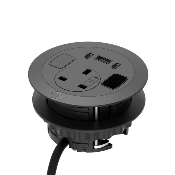 Solo Plus In-Surface Power + Charge, 1 x Power Socket, 1 x USB-A + 2 x USB-C Charge, 1 x Blank Insert, 1 x Cable Pass
