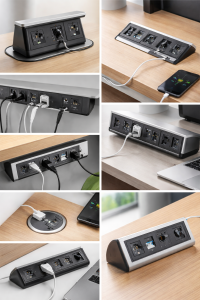 Modern office desk with integrated power modules by Potenza Building Materials Ltd, UK.
