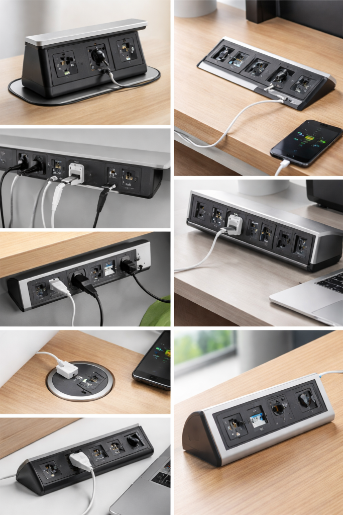 Modern office desk with integrated power modules by Potenza Building Materials Ltd, UK.