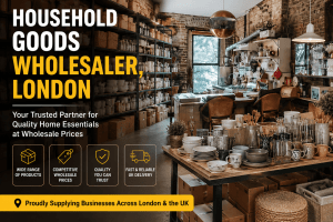 Household goods wholesaler in London showcasing bulk kitchenware, home essentials, and storage products in a modern warehouse showroom