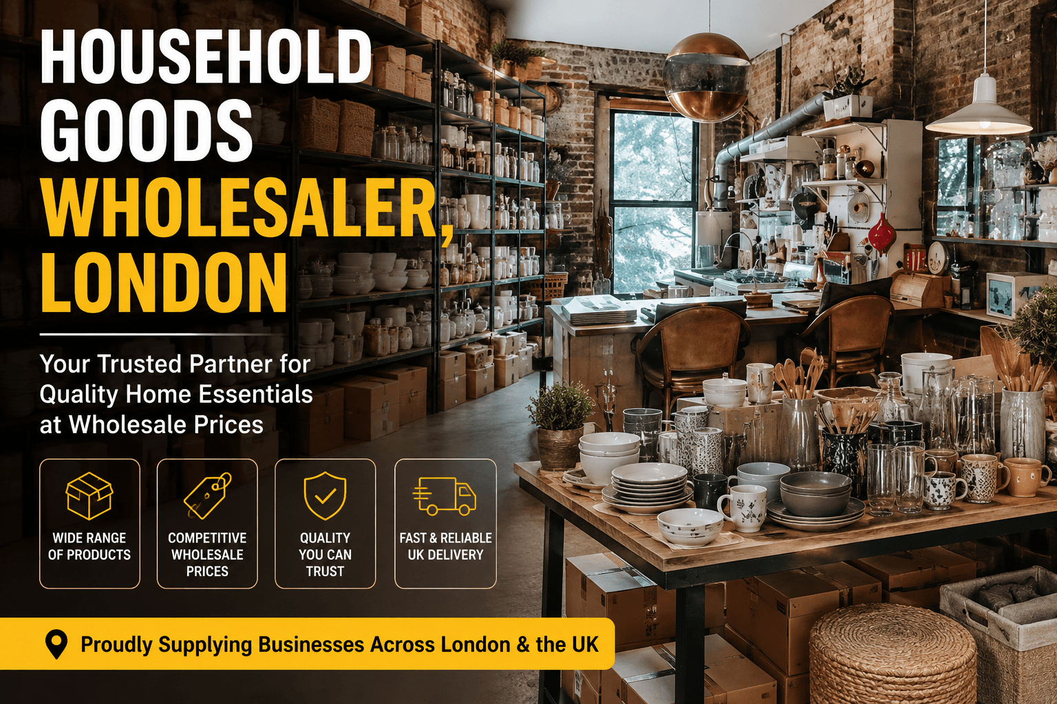 Household goods wholesaler in London showcasing bulk kitchenware, home essentials, and storage products in a modern warehouse showroom