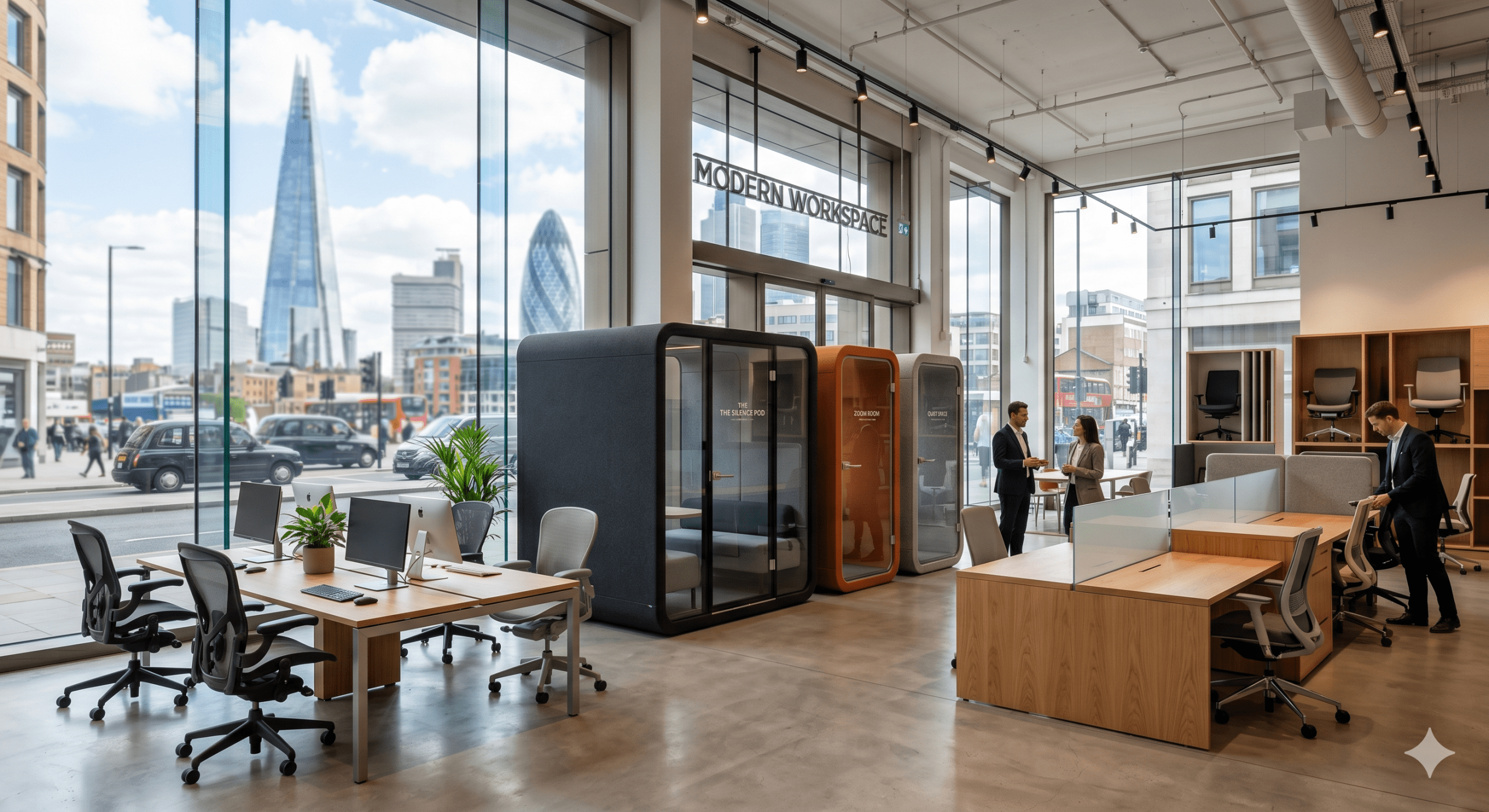 nterior of a modern office furniture showroom with a view of the Shard and Gherkin, featuring ergonomic chairs, desks, and meeting pods.