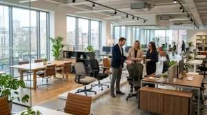 Refurbished office furniture in a modern UK workspace with desks and ergonomic chairs