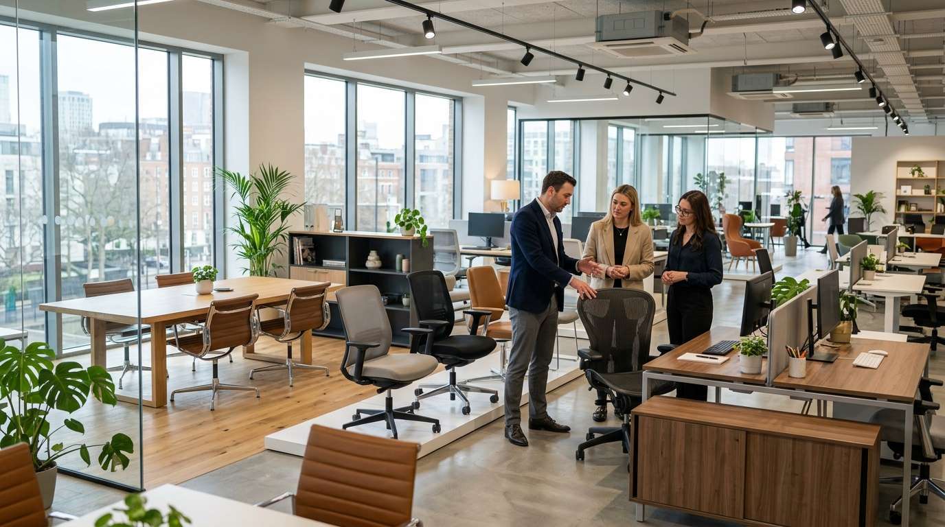 Refurbished office furniture in a modern UK workspace with desks and ergonomic chairs